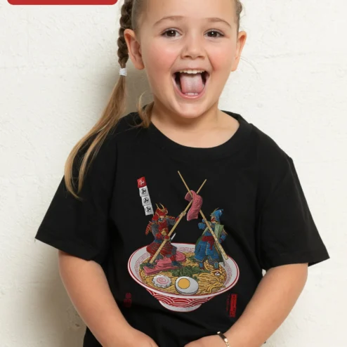 Samurai Ramen Bowl Illustration Tee Funny Japanese Food Graphic Shirt for Kids Anime Fans