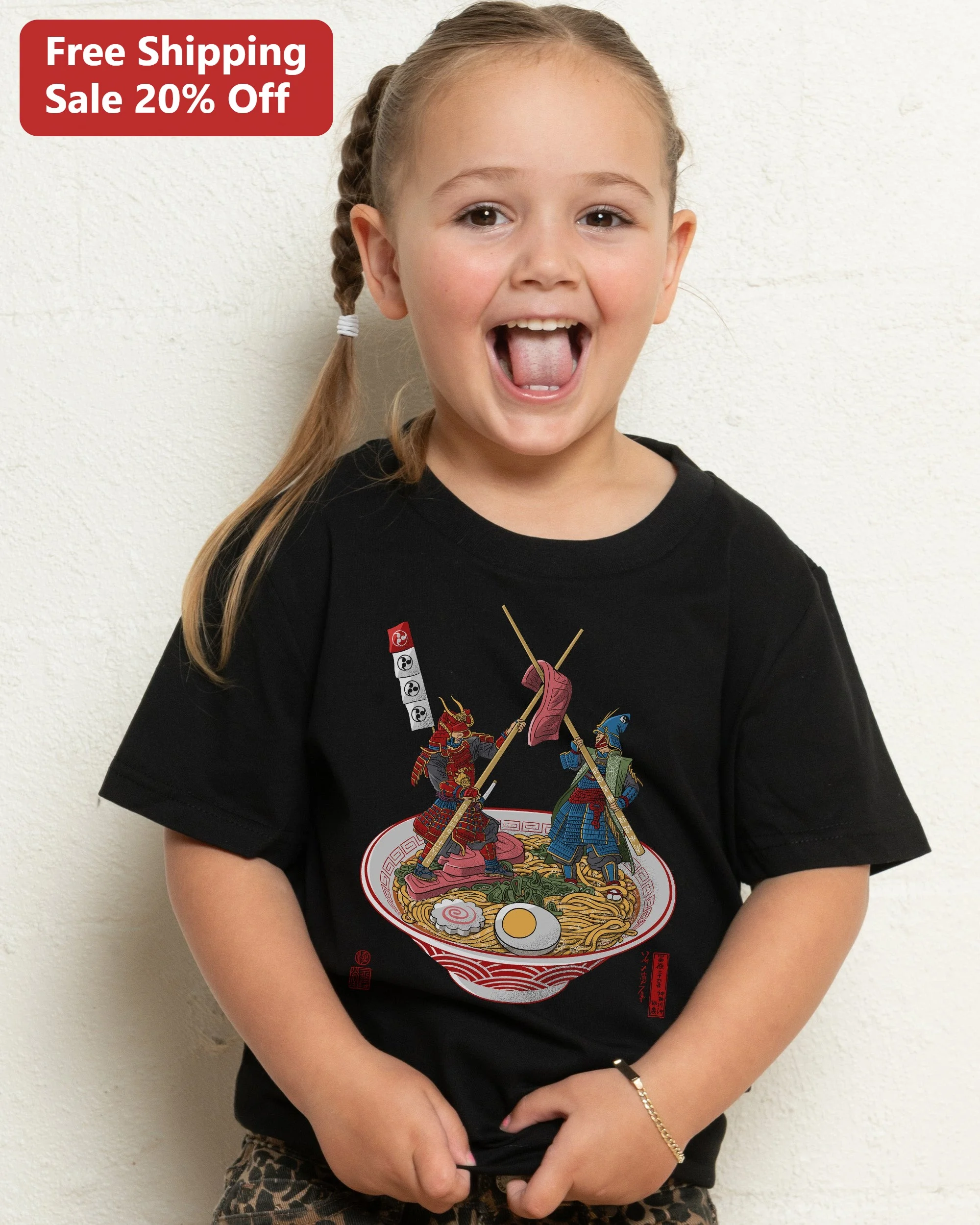 Samurai Ramen Bowl Illustration Tee Funny Japanese Food Graphic Shirt for Kids Anime Fans