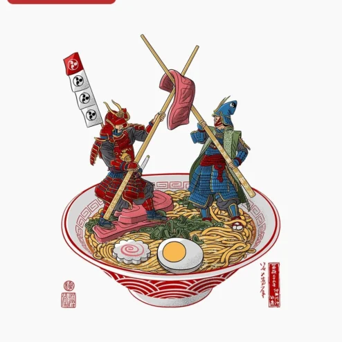 Samurai Ramen Illustration Poster Ukiyo-e Style Japanese Food Art Print for Kitchen Wall Decor