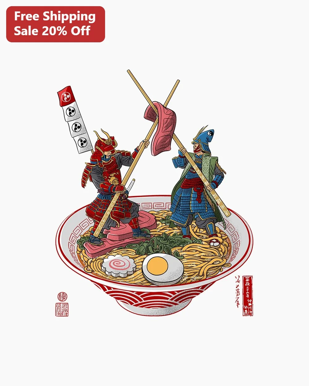 Samurai Ramen Illustration Poster Ukiyo-e Style Japanese Food Art Print for Kitchen Wall Decor