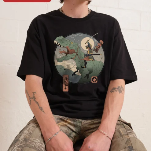 Samurai Riding T-Rex Graphic Tee Japanese Warrior Dinosaur Mashup Shirt