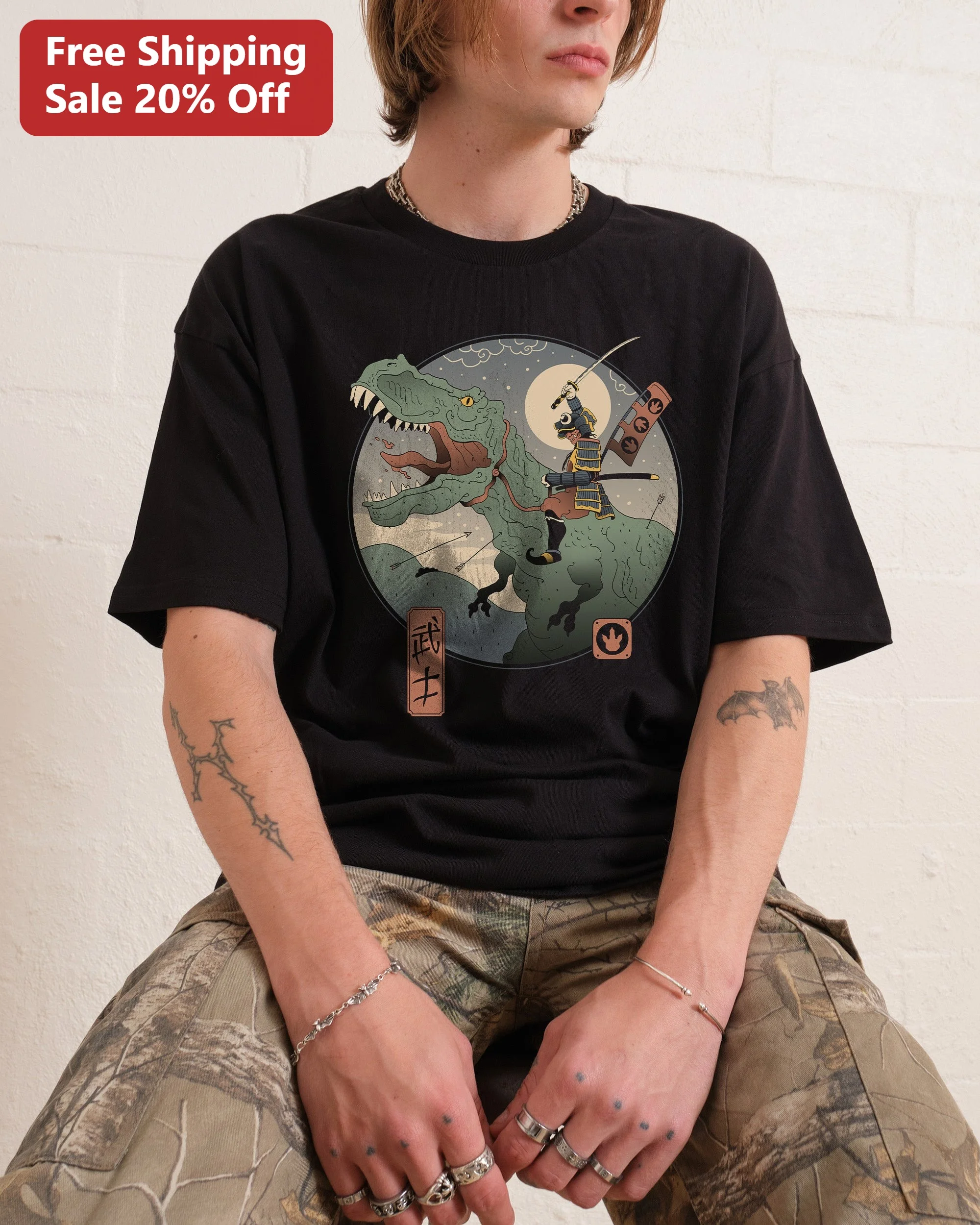 Samurai Riding T-Rex Graphic Tee Japanese Warrior Dinosaur Mashup Shirt