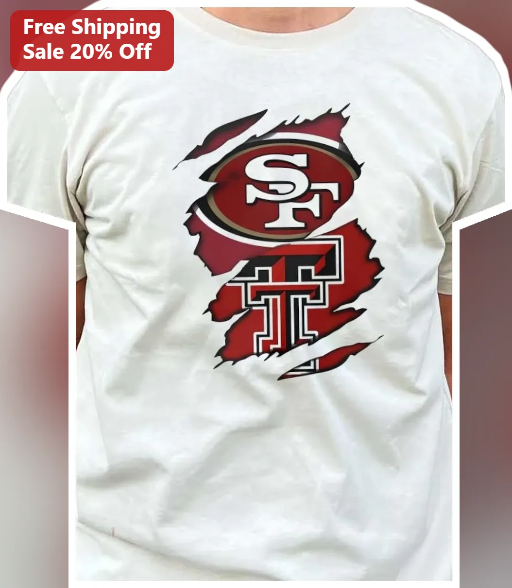 San Francisco 49ers Texas Tech Red Raiders Torn Effect Tee NFL NCAA Mashup Distressed Graphic Shirt