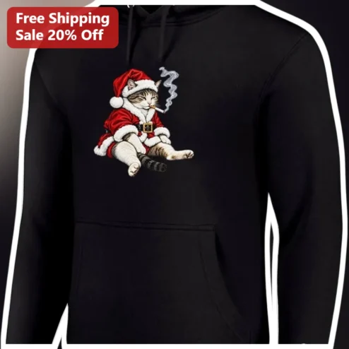 Santa Cat Smoking Hoodie Funny Christmas Gift for Cat Lovers Black Pullover Sweatshirt