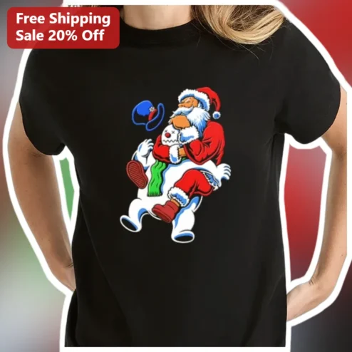 Santa Claus Funny Wrestling Snowman Graphic Tee for Men Women Christmas Party Gift