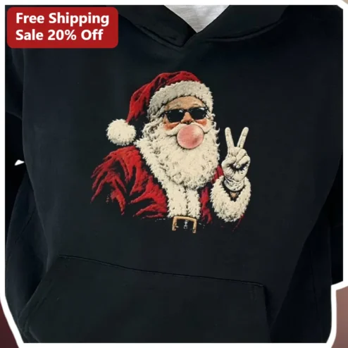 Santa Claus Hoodie Funny Cool Sunglasses Bubblegum Peace Sign Christmas Gift for Men Women Holiday Party Wear
