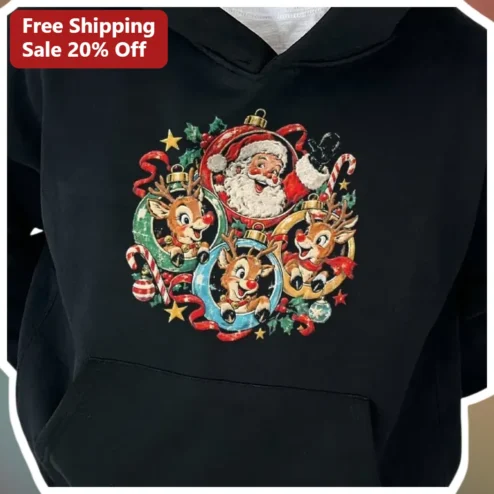 Santa Claus Hoodie Retro Vintage Christmas Reindeer Ornament Holiday Sweatshirt Gift for Men Women