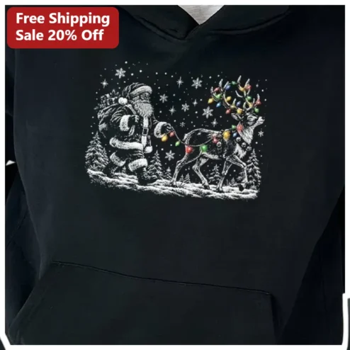 Santa Claus Hoodie Vintage Tangled Reindeer Christmas Lights Funny Holiday Sweatshirt for Men Women