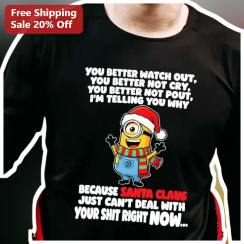 Santa Claus Is Comin' to Town Minion Funny Christmas Graphic Tee Holiday Gift