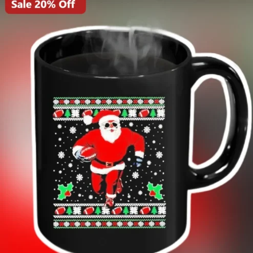 Santa Claus Mug Christmas Ugly Sweater Football Design Funny Holiday Gift for Men Women Black Ceramic Coffee Cup