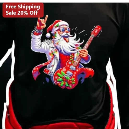 Santa Claus Rockstar Guitar Graphic Tee Funny Christmas Holiday Party Shirt for Men Women