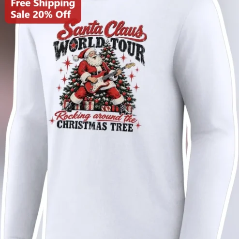 Santa Claus World Tour Rocking Around the Christmas Tree Vintage Guitar Graphic Long Sleeve Tee