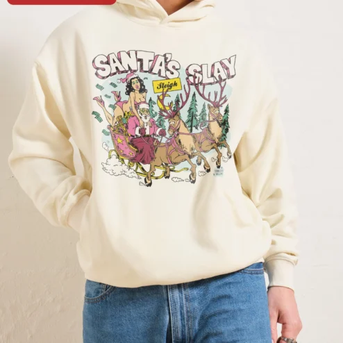 Santa's Slay Hoodie Funny Christmas Gift Retro Cartoon Santa Claus Pullover for Men Women Holiday Party Wear