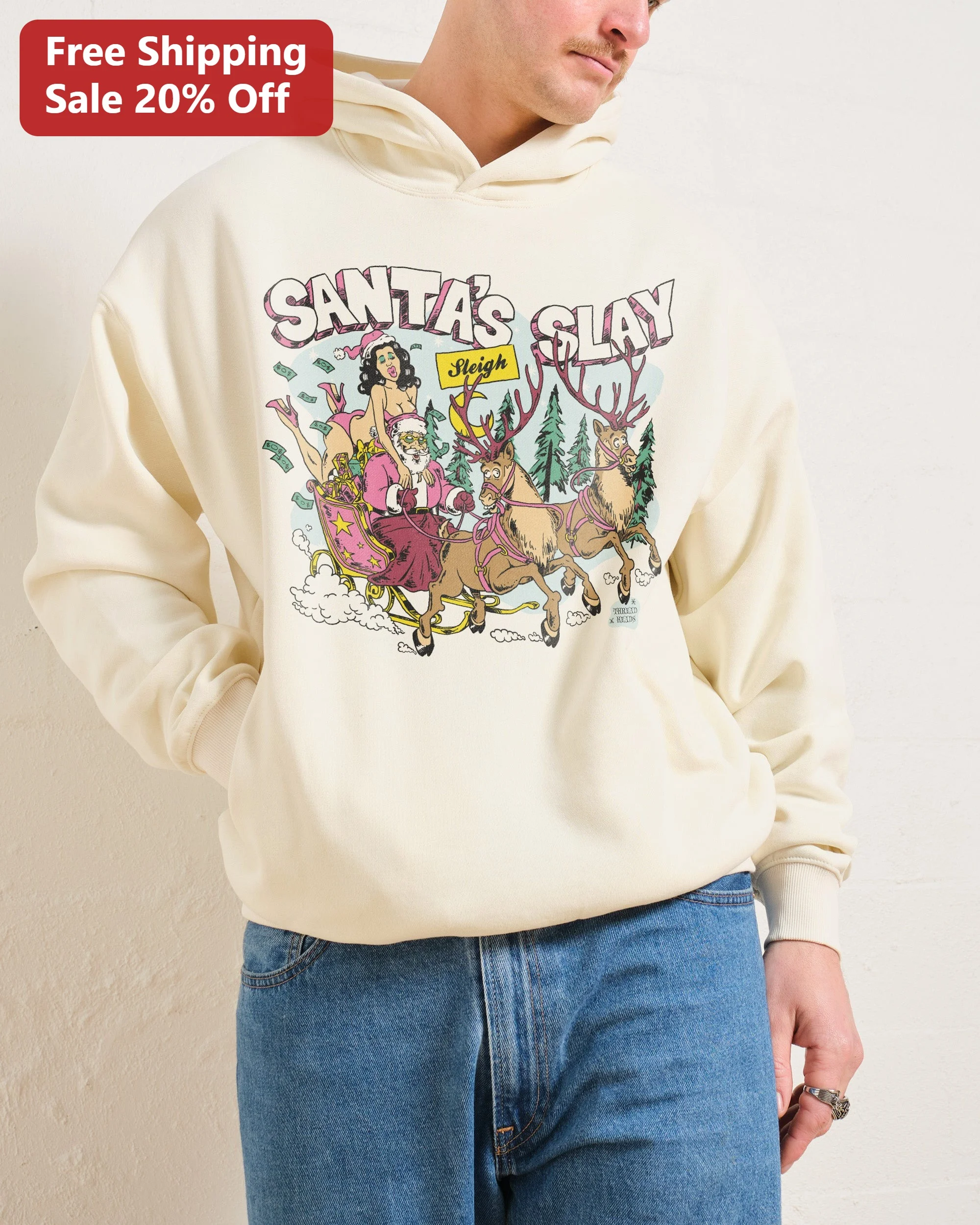 Santa's Slay Hoodie Funny Christmas Gift Retro Cartoon Santa Claus Pullover for Men Women Holiday Party Wear