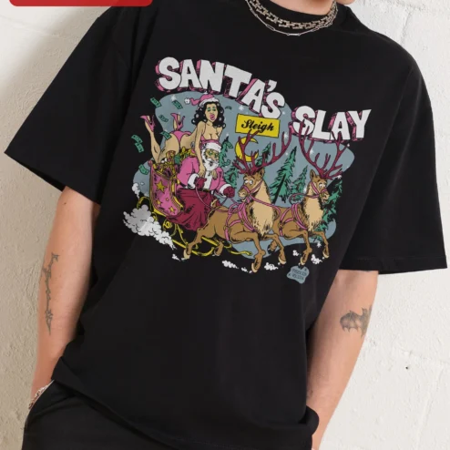 Santa's Slay Sleigh Tee Evil Santa Claus Christmas Horror Graphic Shirt