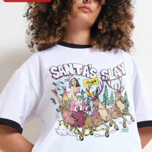 Santa's Slay Sleigh Tee Funny Christmas Shirt Retro Cartoon Holiday Apparel Gift