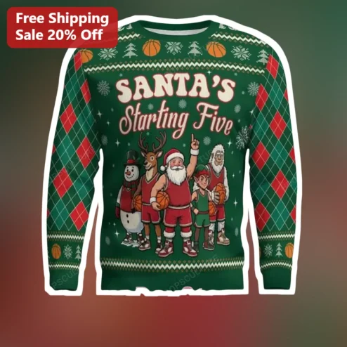 Santa's Starting Five Sweater Funny Christmas Basketball Ugly Holiday Sweatshirt Gift for Men Women
