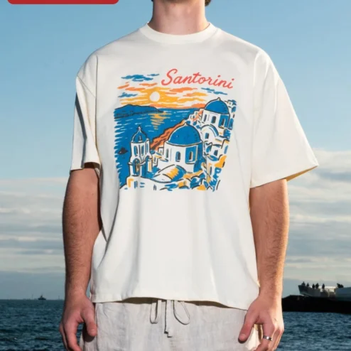 Customer in Chicago, Illinois wearing Santorini Sunset Retro Travel Poster Tee Greek Island Vacation Souvenir Shirt