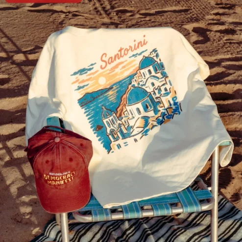 Santorini Sunset Retro Travel Poster Tee Greek Island Vacation Souvenir Shirt