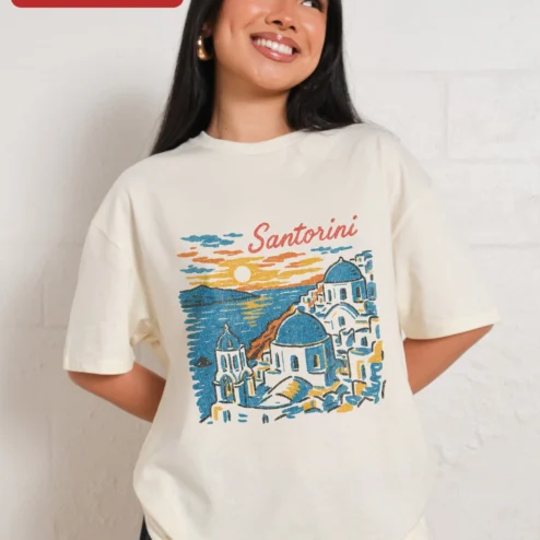 Santorini Tee Vintage Greek Island Sunset Graphic T-Shirt Cyclades Architecture Travel Souvenir Gift on a hanger, ready to ship from Chicago, Illinois