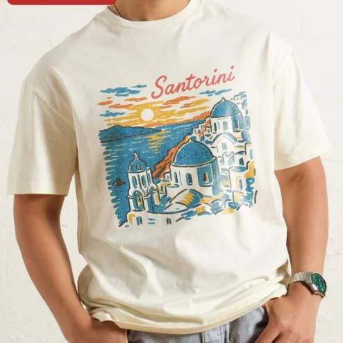 Santorini Tee Vintage Greek Island Sunset Graphic T-Shirt Cyclades Architecture Travel Souvenir Gift