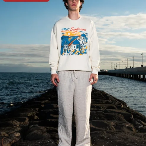 Santorini Vintage Sunset Crewneck Sweatshirt Greece Travel Gift on a hanger, ready to ship from Chicago, Illinois