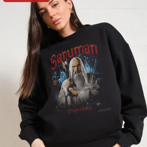 Saruman The Lord Of The Rings Sweatshirt Vintage Distressed Wizard Graphic Crewneck on a hanger, ready to ship from Chicago, Illinois