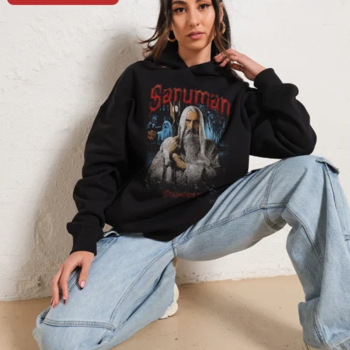 Saruman The White Lord Of The Rings Hoodie Fantasy Wizard Apparel on a hanger, ready to ship from Chicago, Illinois