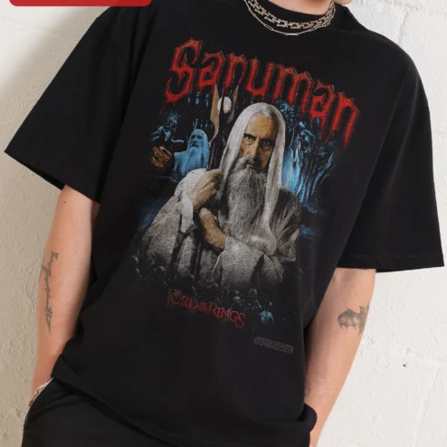 Saruman the White Lord of the Rings Tee Vintage Fantasy Wizard Graphic Shirt for LOTR Fans on a hanger, ready to ship from Chicago, Illinois