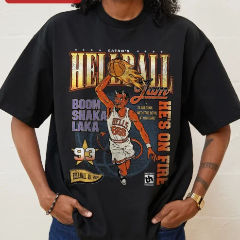 Satan's Hellball Jam Slam Dunk With The Devil Tee Boom Shaka Laka Retro Basketball Graphic Shirt