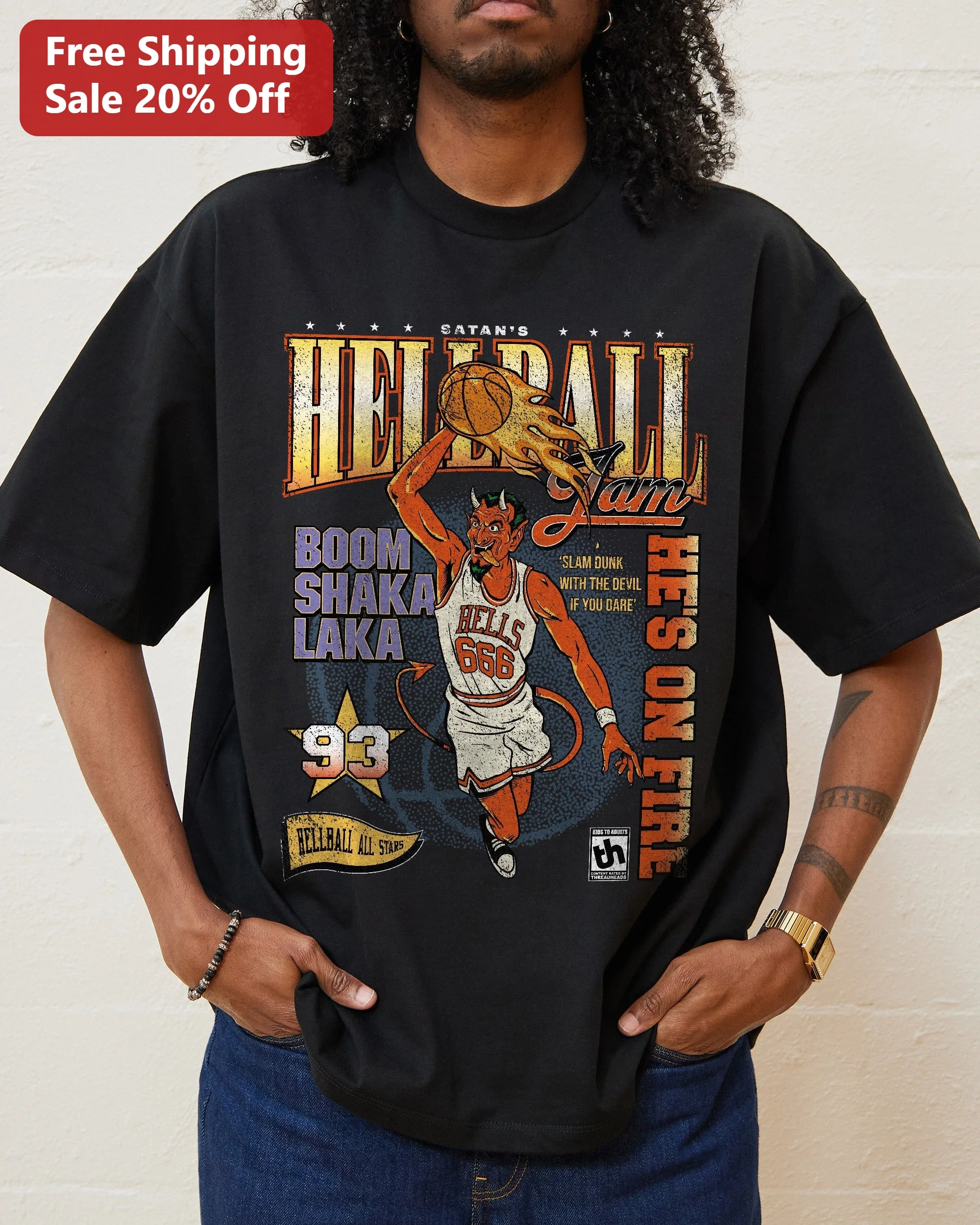 Satan's Hellball Jam Slam Dunk With The Devil Tee Boom Shaka Laka Retro Basketball Graphic Shirt