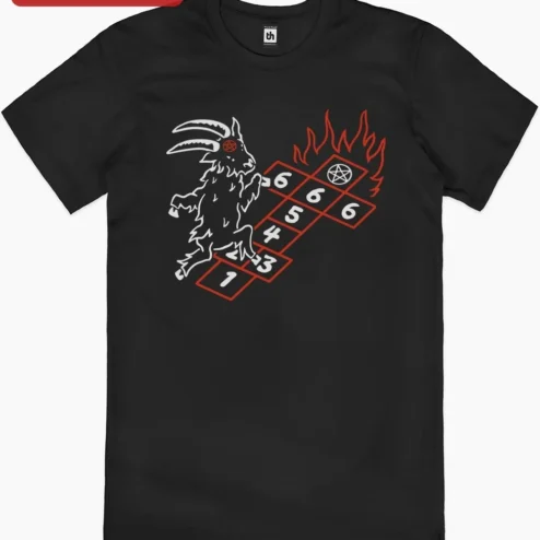 Satanic Goat Hopscotch Tee Baphomet Pentagram Occult Halloween Gift for Men Women on a hanger, ready to ship from Chicago, Illinois