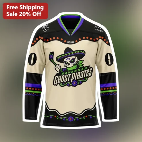 Savannah Ghost Pirates Hockey Jersey Day of the Dead Skeleton Design ECHL Fan Gear