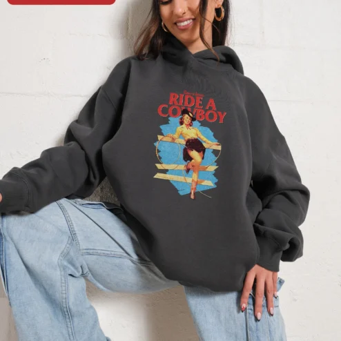 Save a Horse Ride a Cowboy Hoodie Vintage Pin Up Cowgirl Western Country Music Gift for Women on a hanger, ready to ship from Chicago, Illinois