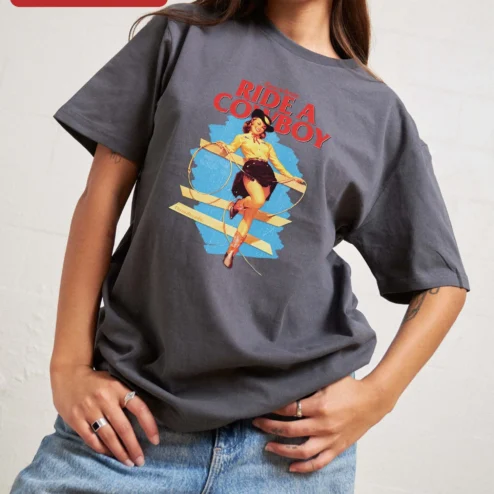 Save a Horse Ride a Cowboy Tee Retro Pinup Cowgirl Graphic Shirt for Women on a hanger, ready to ship from Chicago, Illinois