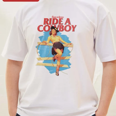 Close-up of Save a Horse Ride a Cowboy Tee Retro Pinup Cowgirl Graphic Shirt for Women for streetwear fans in Chicago, Illinois
