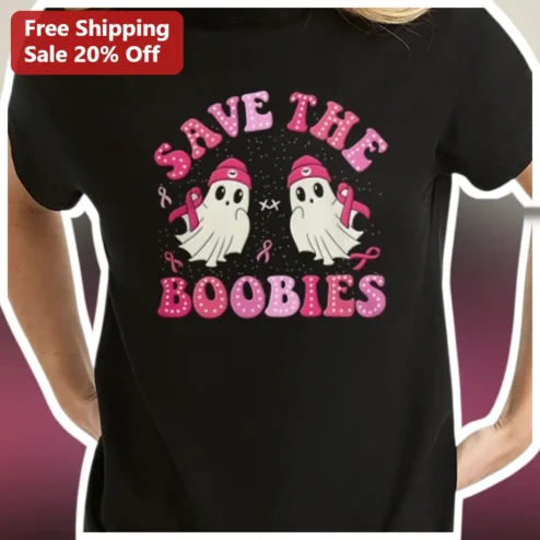Save the Boobies Ghost Breast Cancer Awareness Tee Pink Ribbon Survivor Gift