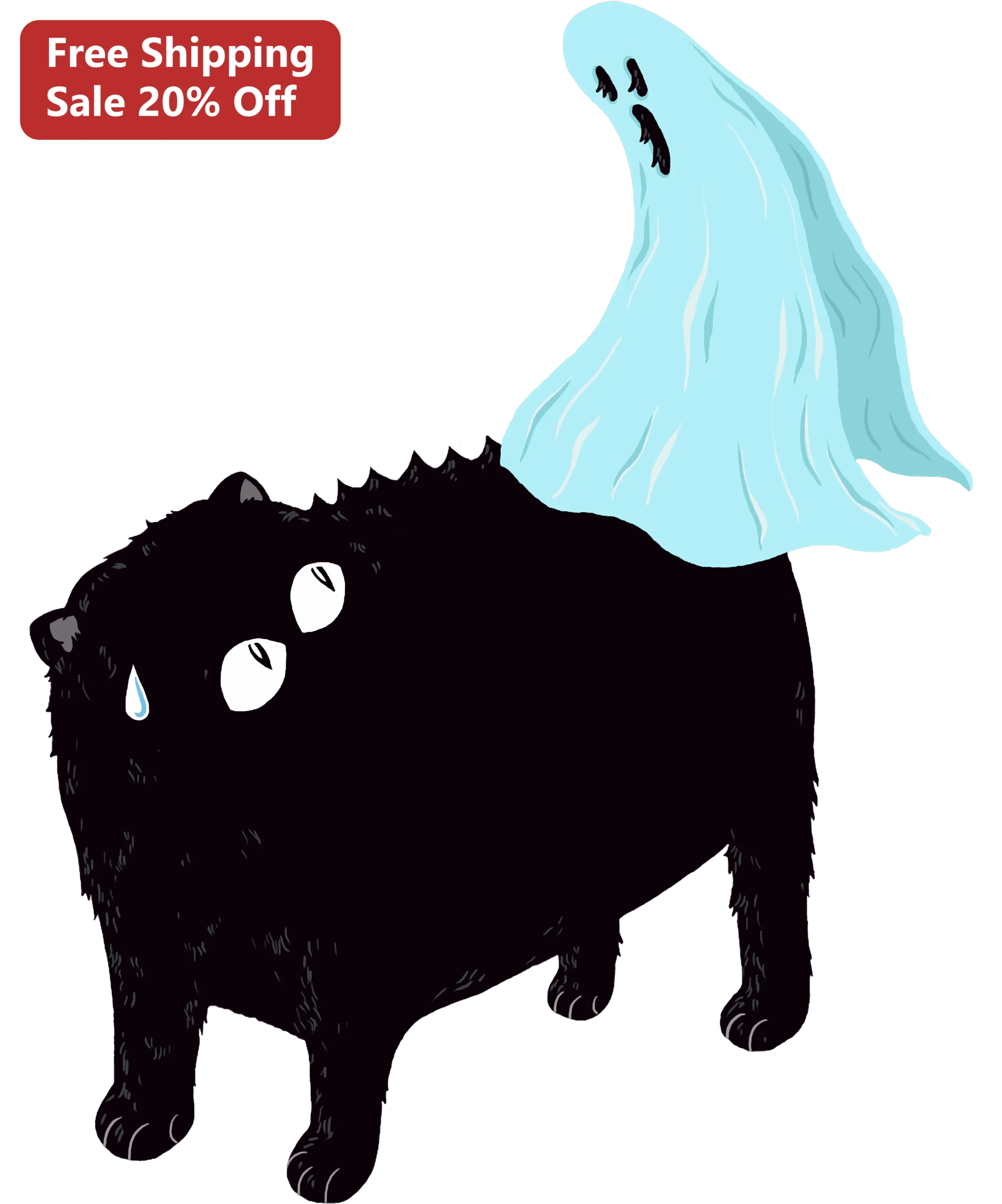 Scared Black Cat Ghost Illustration Tee Halloween Spooky Cute Cartoon Shirt Gift