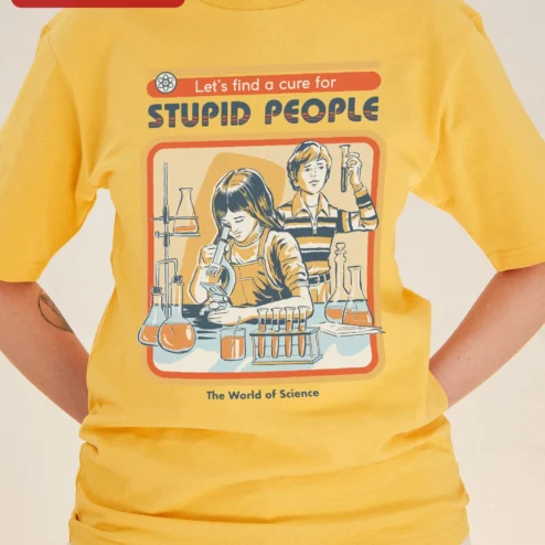 Customer in Chicago, Illinois wearing Science Humor Tee Let's Find a Cure for Stupid People Vintage Lab Graphic Shirt