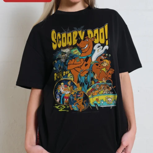 Scooby-Doo Ruh Roh Graphic Tee Retro Cartoon Mystery Inc Shaggy Vintage Style Black T-Shirt