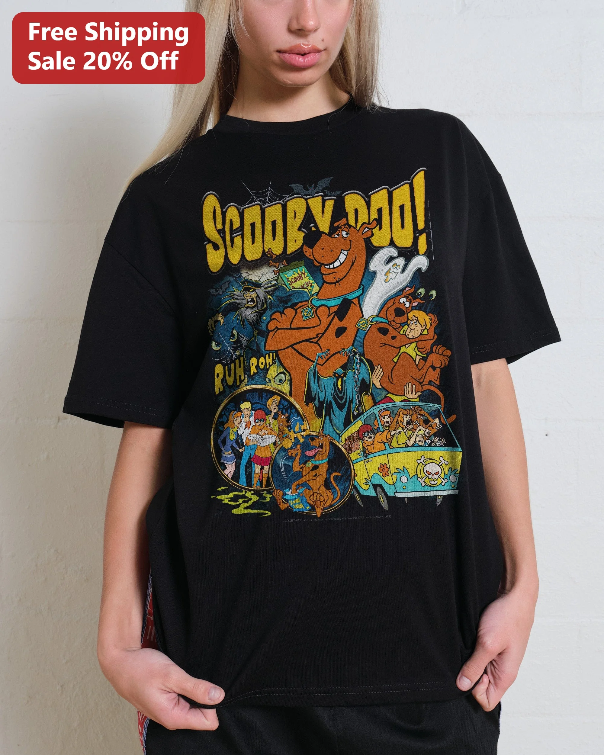 Scooby-Doo Ruh Roh Graphic Tee Retro Cartoon Mystery Inc Shaggy Vintage Style Black T-Shirt