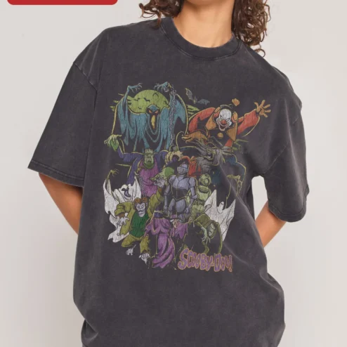 Scooby-Doo! Vintage Villains Acid Wash Tee Retro Cartoon Graphic Shirt