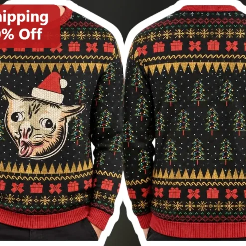 Screaming Cat Ugly Christmas Sweater Holiday Party Knitwear Gift for Men Women
