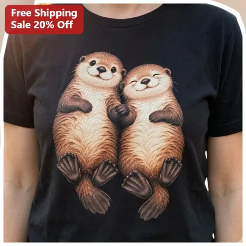 Sea Otters Holding Paws Illustration Tee Cute Marine Life Graphic Shirt for Animal Lovers