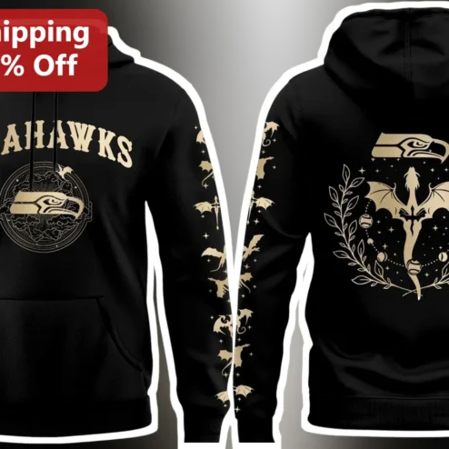 Seahawks Hoodie Fantasy Dragon Crest Pullover Black Gold Graphic Sweatshirt for NFL Fans