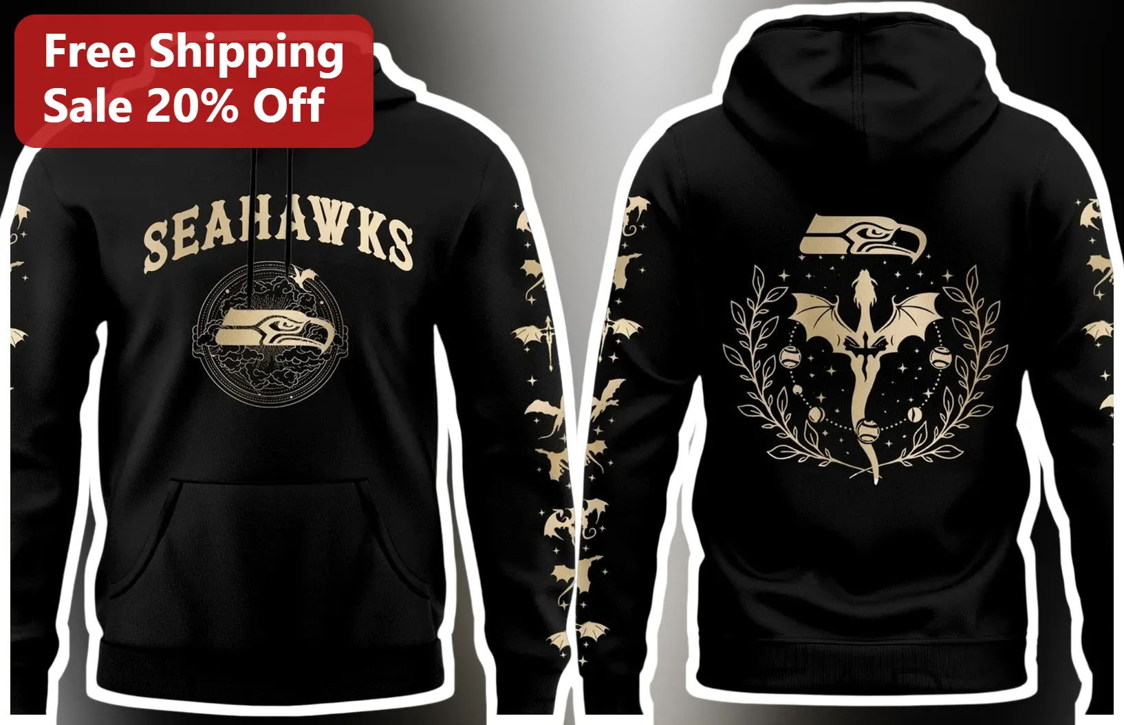 Seahawks Hoodie Fantasy Dragon Crest Pullover Black Gold Graphic Sweatshirt for NFL Fans