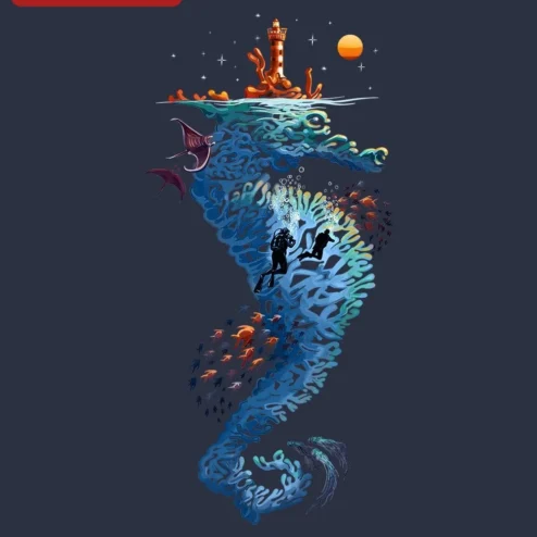 Seahorse Lighthouse Scuba Diver Ocean Art Tee Surreal Underwater Marine Life Gift for Divers on a hanger, ready to ship from Chicago, Illinois