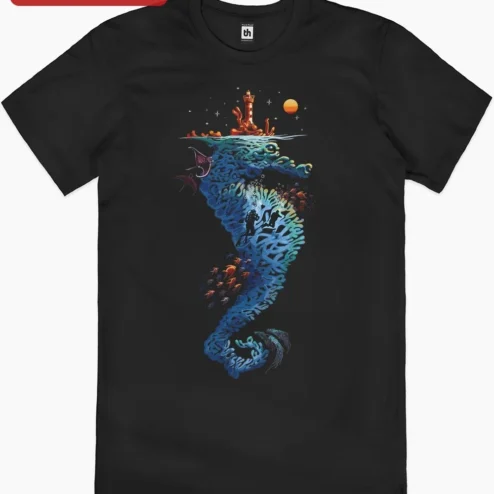Customer in Chicago, Illinois wearing Seahorse Lighthouse Scuba Diver Ocean Art Tee Surreal Underwater Marine Life Gift for Divers