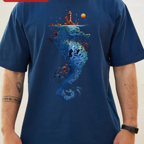 Close-up of Seahorse Lighthouse Scuba Diver Ocean Art Tee Surreal Underwater Marine Life Gift for Divers for streetwear fans in Chicago, Illinois