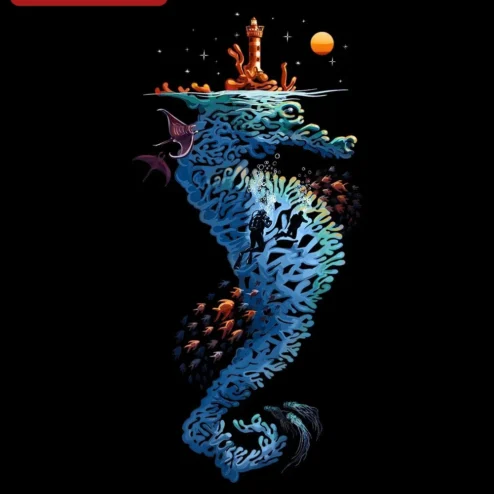 Seahorse Lighthouse Scuba Diver Ocean Art Tee Surreal Underwater Marine Life Gift for Divers